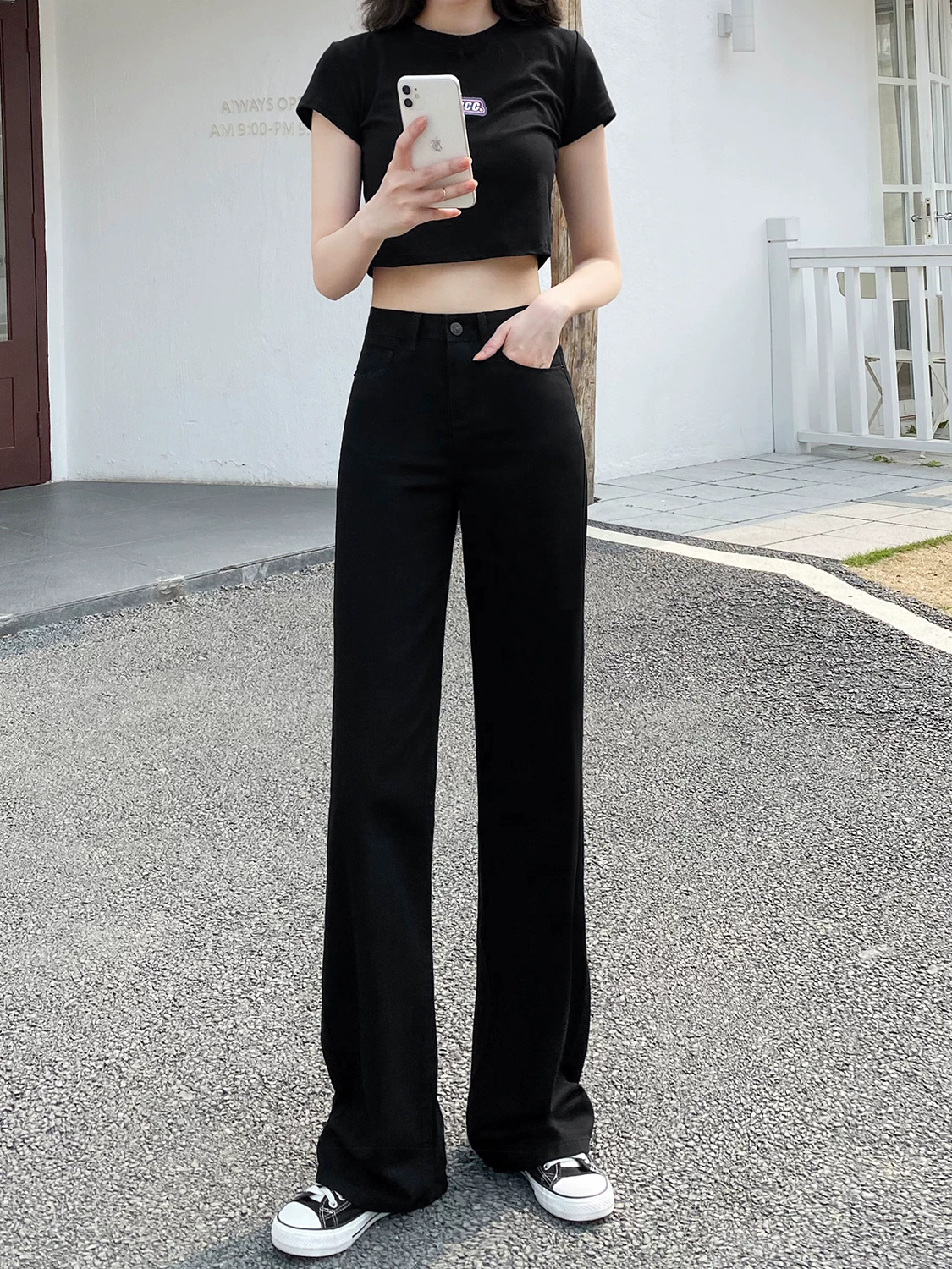 Quần jean ống rộng dáng nhỏ nhắn cho nữ, cạp cao, ống thẳng, dáng rộng, tôn dáng, kiểu mới xuân thu 2025, quần đen dài chấm đất.