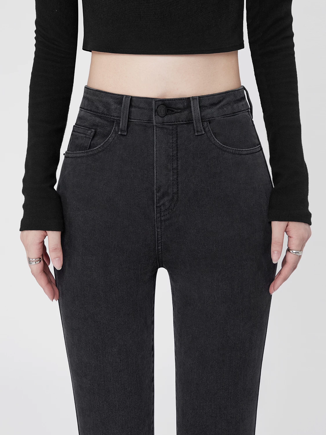 Quần jean skinny cạp cao nữ, dài đến mắt cá chân, kiểu mới xuân thu 2025, màu xám đen, tôn dáng, co giãn, kiểu dáng ôm sát.