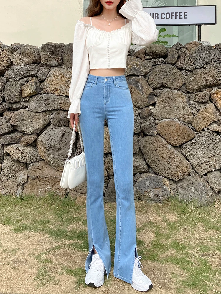 Quần jeans nữ ống loe có xẻ tà, ôm dáng, cạp cao, tôn dáng, kiểu mới xuân thu 2025, quần chuông màu xanh nhạt, chất liệu co giãn