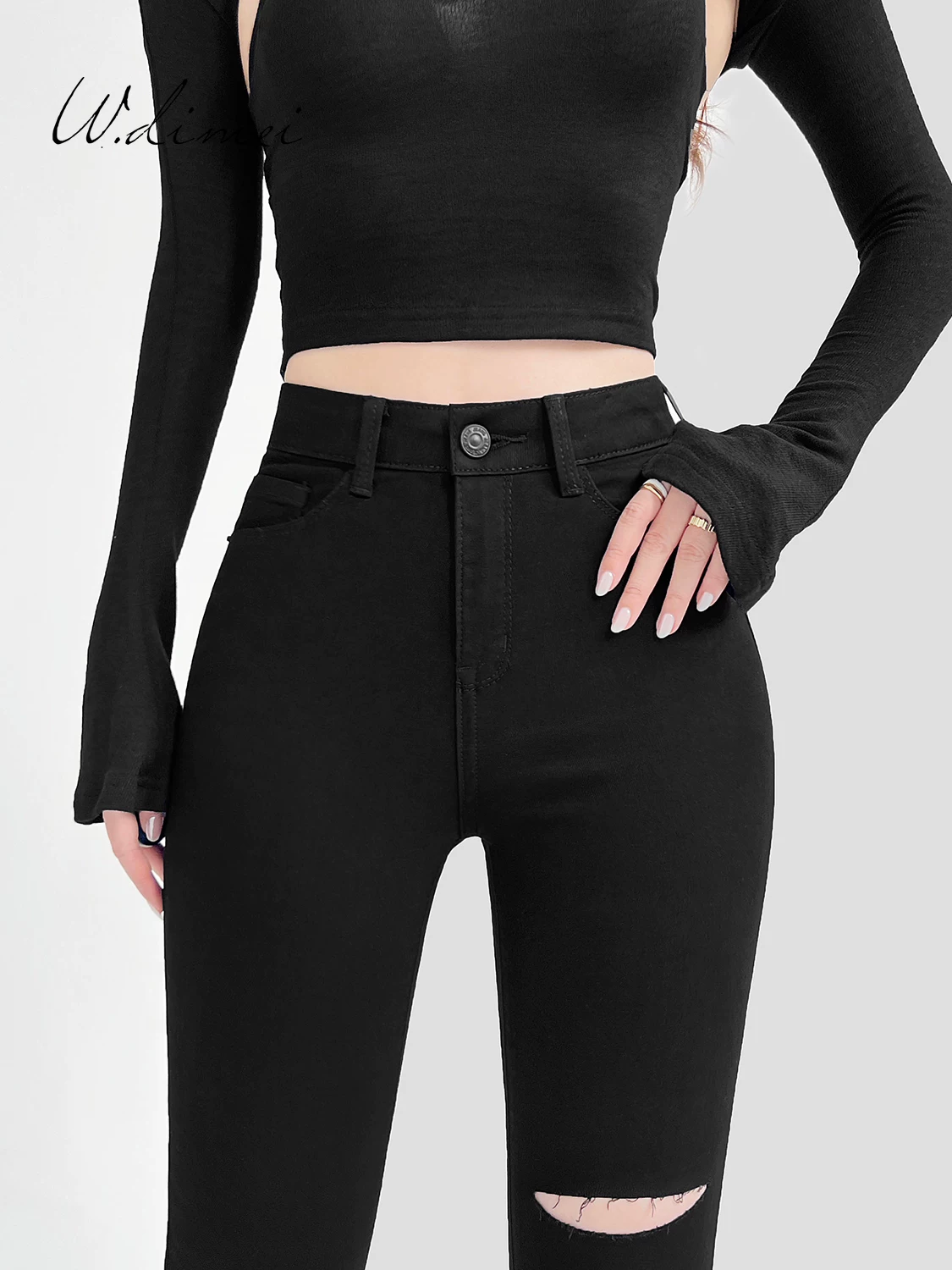 Quần jean đen rách kiểu skinny nữ, cạp cao, ôm dáng, dài đến mắt cá chân, kiểu mới xuân/thu 2025, tôn dáng, co giãn, quần rách.