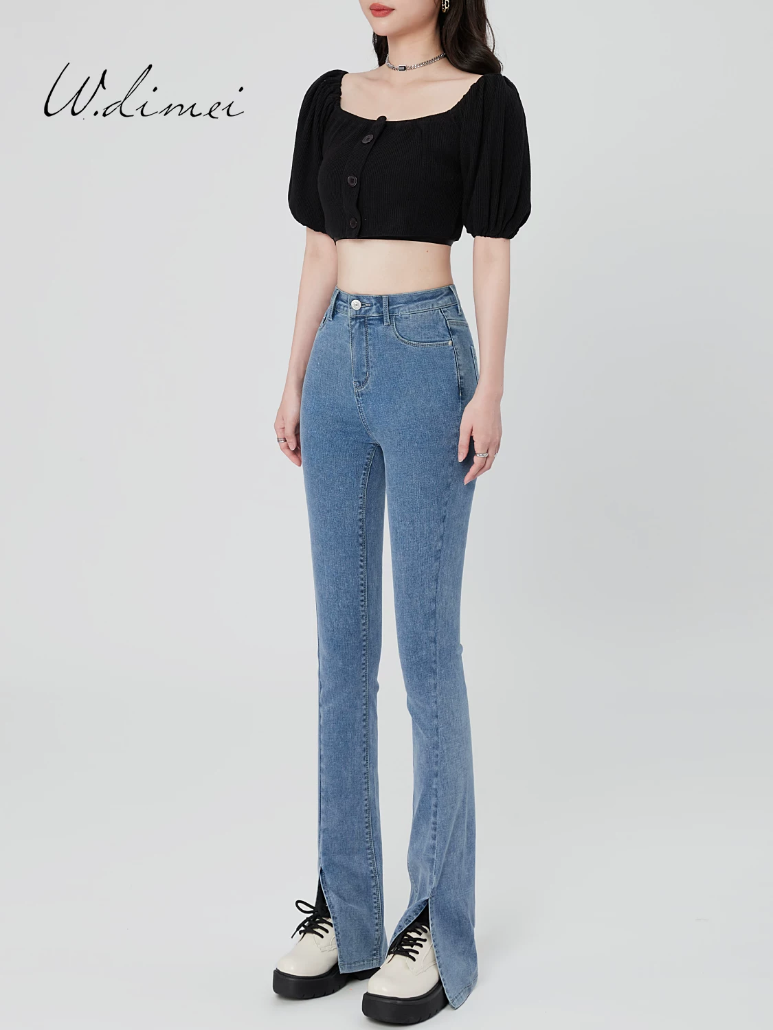 Quần jeans xẻ tà dáng ôm cho nữ, kiểu dáng ôm sát, mẫu mới xuân thu 2025, phong cách cổ điển độc đáo, chất liệu thun co giãn, quần ống loe