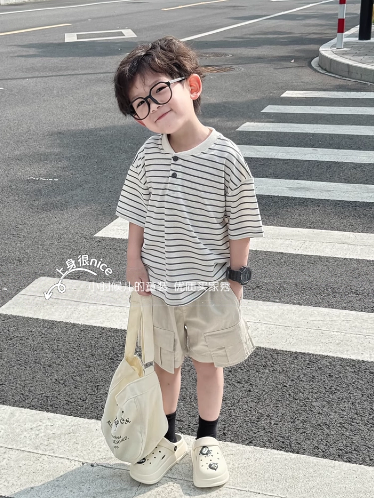 Chất liệu cotton Tencel mỏng mát~Phong cách thiết kế~Quần short trẻ em mùa hè phong cách Hàn Quốc, sành điệu cho bé trai và bé gái, kiểu dáng thường ngày dài ngang gối.