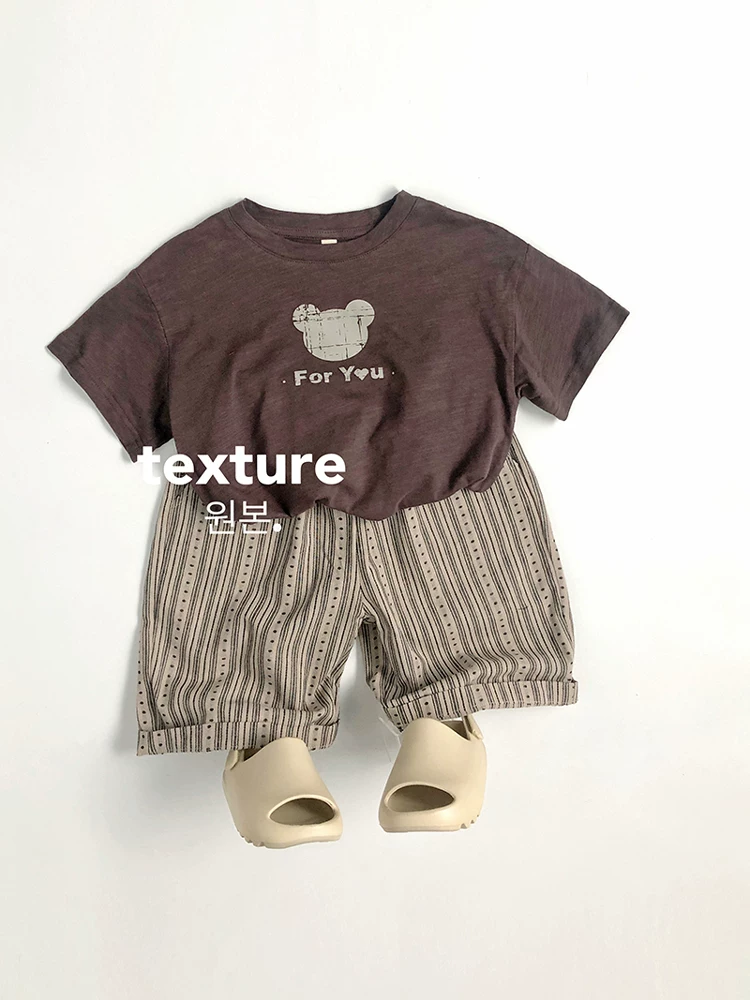 Thiết kế hình gấu đơn giản~chất liệu cotton tre mềm mỏng~Áo thun ngắn tay in hình hoạt hình phong cách Hàn Quốc mùa hè dành cho trẻ em sành điệu cho bé trai và bé gái.