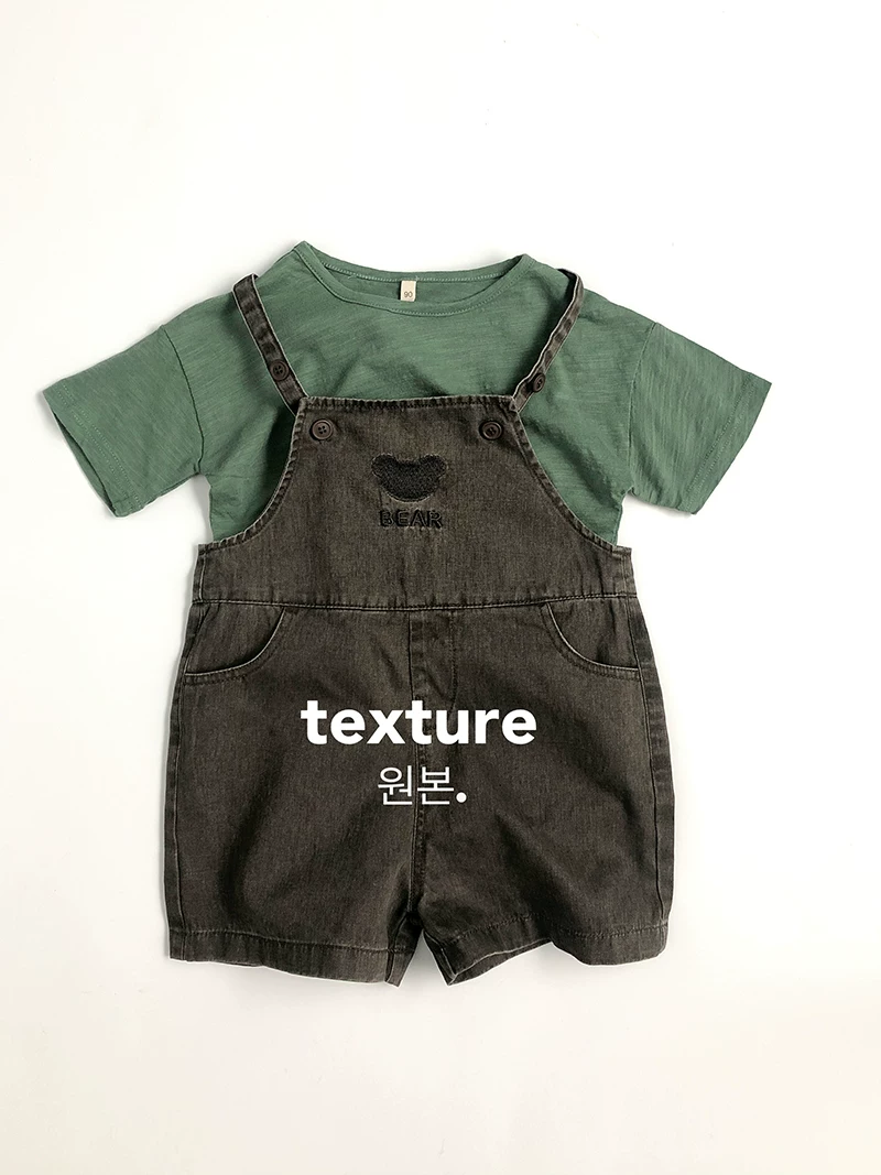 Gấu dễ thương phong cách retro~Thêu tinh xảo~Quần yếm denim mùa hè phong cách Hàn Quốc cho trẻ em Quần short thời trang Unisex cho bé có dây đeo