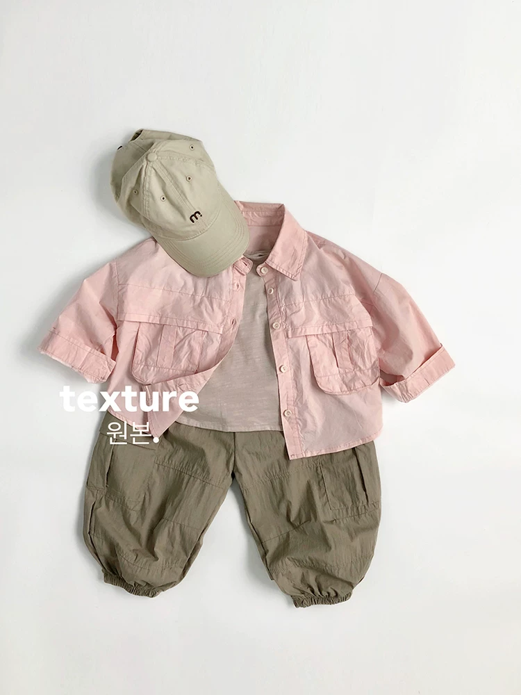 Áo chống nắng nhẹ nhàng~Túi lớn kiểu quần áo bảo hộ lao động~Áo sơ mi dài tay cotton nguyên chất mùa xuân hè cho trẻ em, áo khoác ngoài rộng rãi thời trang cho bé trai và bé gái