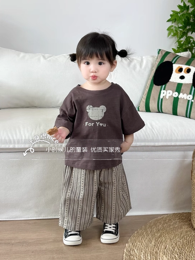 Thiết kế hình gấu đơn giản~chất liệu cotton tre mềm mỏng~Áo thun ngắn tay in hình hoạt hình phong cách Hàn Quốc mùa hè dành cho trẻ em sành điệu cho bé trai và bé gái.