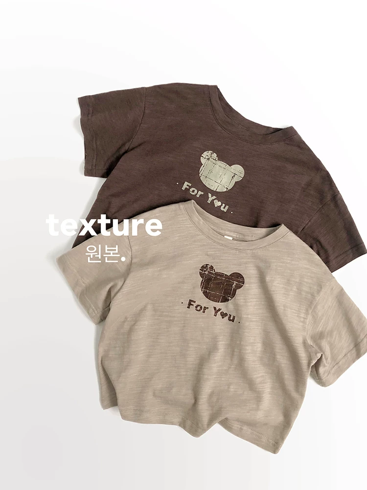 Thiết kế hình gấu đơn giản~chất liệu cotton tre mềm mỏng~Áo thun ngắn tay in hình hoạt hình phong cách Hàn Quốc mùa hè dành cho trẻ em sành điệu cho bé trai và bé gái.