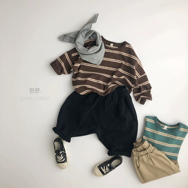 Phong cách Morandi hai màu~Áo thun sọc ngang phong cách Hàn Quốc dành cho trẻ em, áo thun cotton nguyên chất kiểu cánh dơi, hợp thời trang và sành điệu với thiết kế tròn độc đáo.
