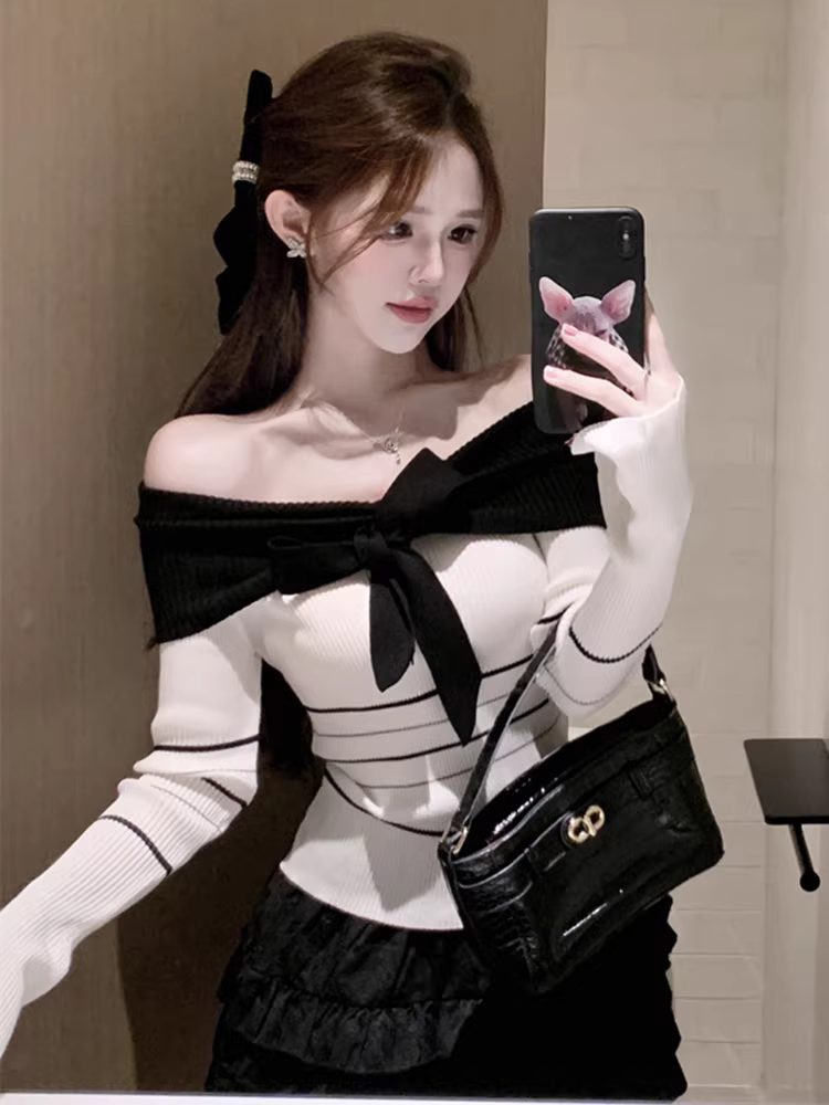 Áo dệt kim trễ vai dành cho nữ, áo sơ mi dài tay mùa xuân thu, thiết kế thời trang và độc đáo, không thường xuyên được nhìn thấy.