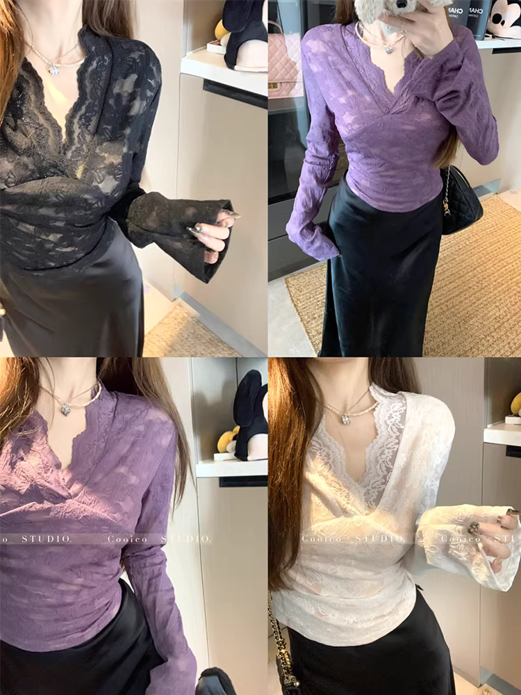 Áo sơ mi ren cổ chữ v màu tím dành cho nữ, áo sơ mi dài tay mùa xuân, mùa thu đông, cô gái nóng bỏng gợi cảm, siêu nóng bỏng và xinh đẹp, áo nhẹ nhàng và trưởng thành