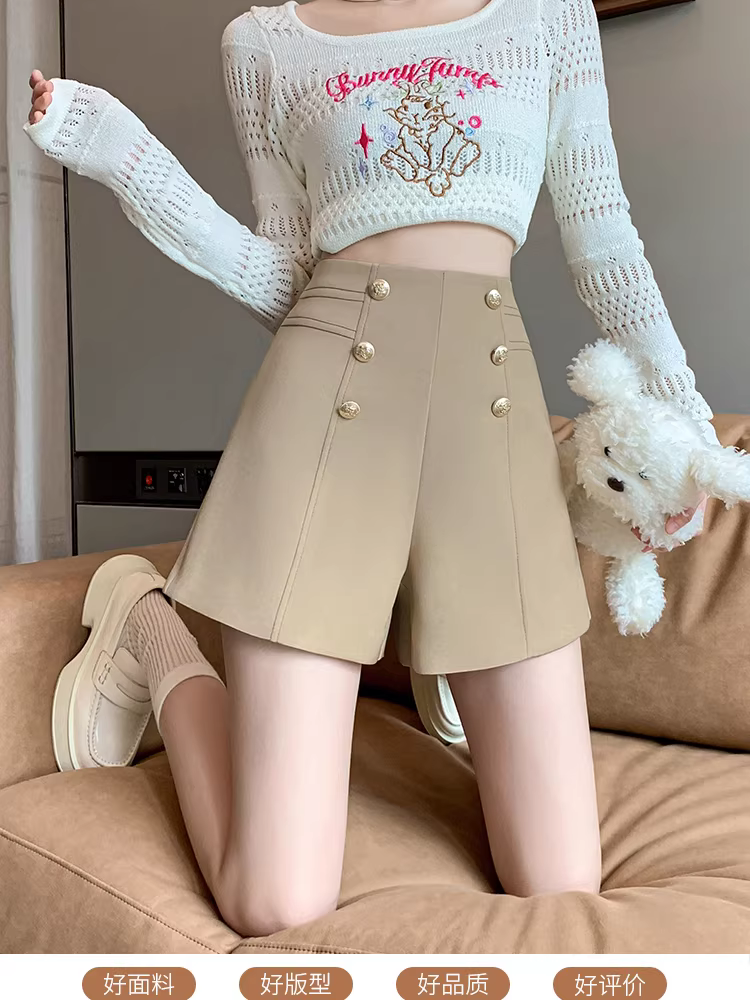 Quần short kaki nữ xuân thu, quần rất sành điệu, quần nữ cạp cao hai hàng khuy, quần short, quần ống loe.