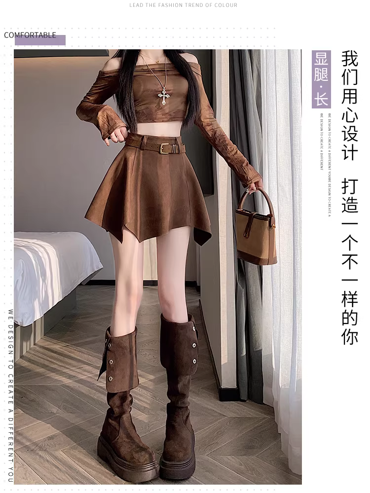 Váy da lộn màu kaki dành cho nữ, váy xếp nếp mùa thu đông, váy ngắn da chữ A lưng cao rất đẹp.