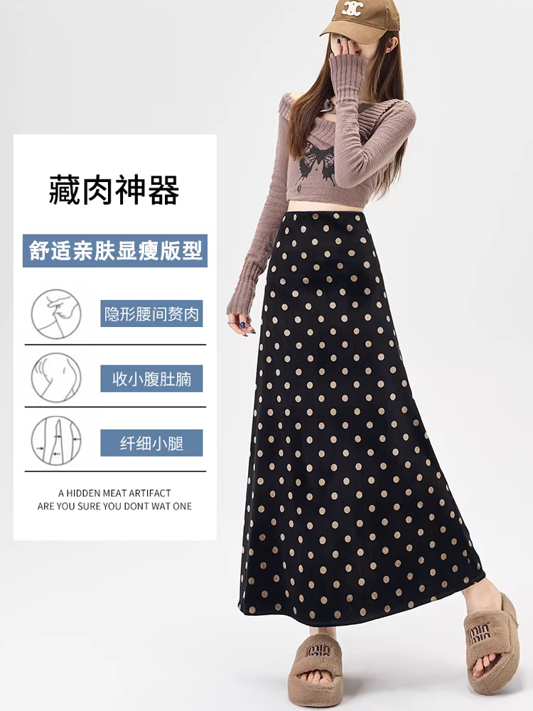 Váy nhung chấm bi cho nữ, váy dù dài vừa phải cho mùa thu đông, váy rất đẹp phối với áo len, váy dài.