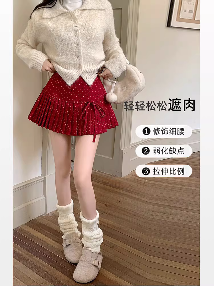 Váy chấm bi đỏ cho nữ, váy xếp ly xuân thu, váy jk ngắn lưng cao, váy rất đẹp, váy siêu ngắn