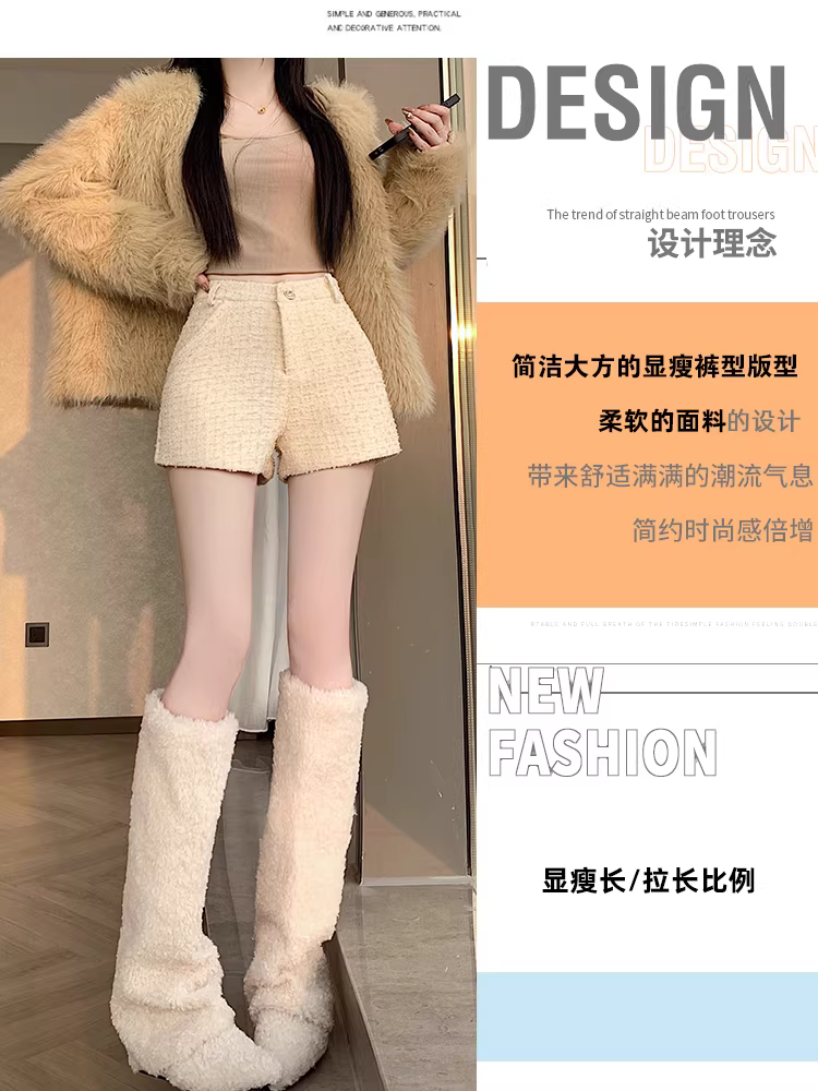 Quần short len phong cách Chanel dành cho nữ, áo khoác ngoài mùa thu đông, quần legging cạp cao mới năm 2025, quần nữ mặc với bốt.