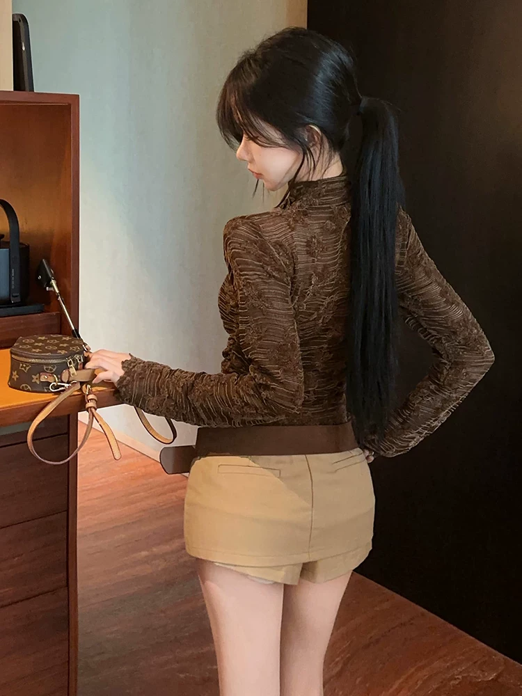 Áo thun nhung cổ cao nửa cổ dành cho nữ, áo sơ mi ren dài tay mùa xuân, thu đông dành cho nữ, áo sơ mi đáy quần, thiết kế cut-out, rất đẹp, nhẹ nhàng và trưởng thành