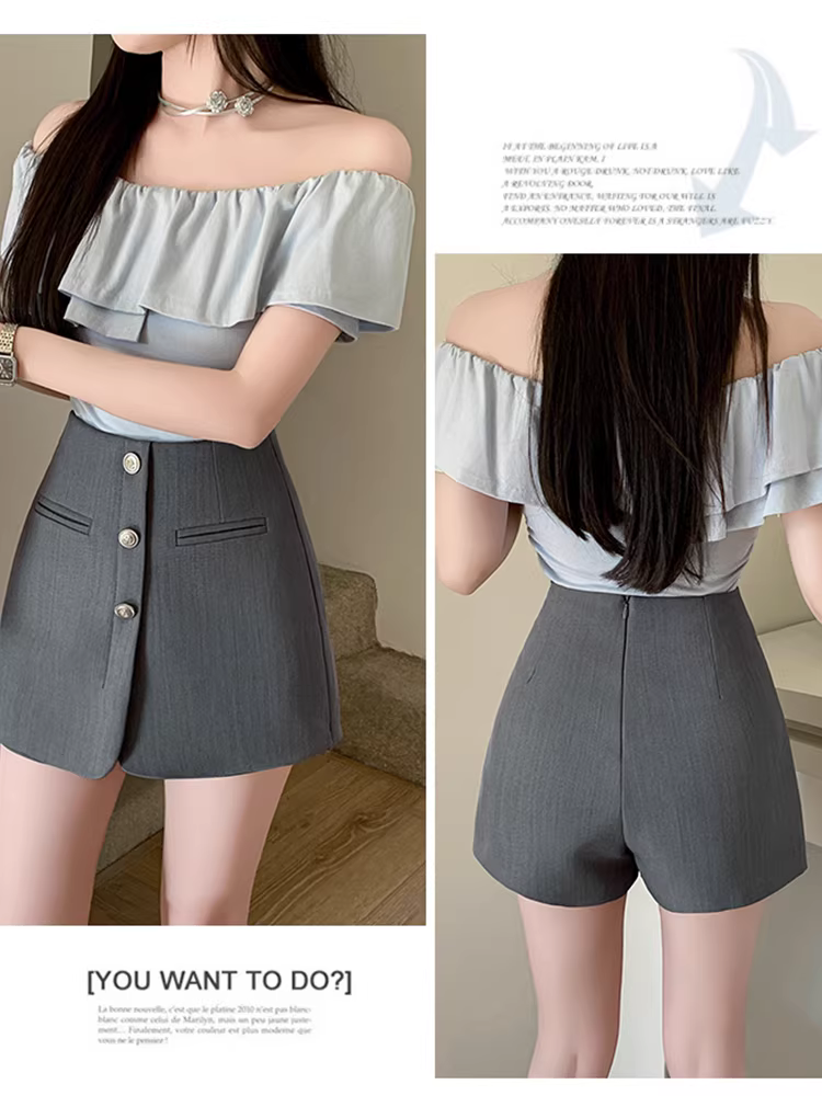 Quần short màu xám dành cho nữ, quần và váy phối hợp mùa xuân thu, quần váy giả hai mảnh, kiểu dáng ngắn, quần rất sành điệu, quần ngắn, quần ống loe.