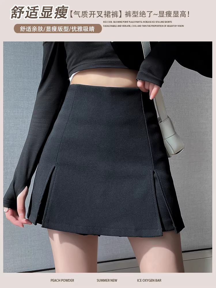 Quần short đen nữ, mùa xuân, thu và hè, quần váy xẻ tà, kiểu dáng mới phổ biến năm 2025, quần váy hai trong một giả hai mảnh, quần ống rộng hai trong một.