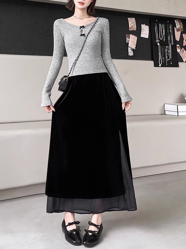 Váy midi nhung nữ, thu đông, váy xẻ tà dài trung bình, váy nhung lưng cao rất đẹp.