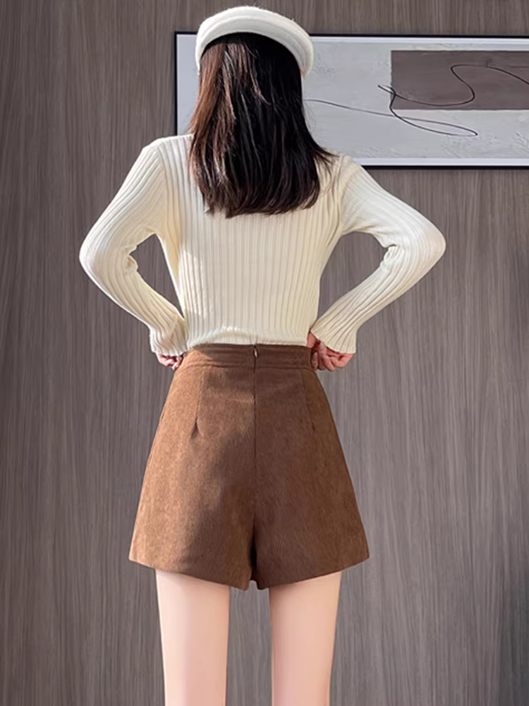 Quần short nhung tăm màu nâu dành cho nữ, kiểu mới thu đông 2025, quần váy nhung tăm, kiểu giả hai mảnh, quần ống loe cạp cao dành cho nữ.