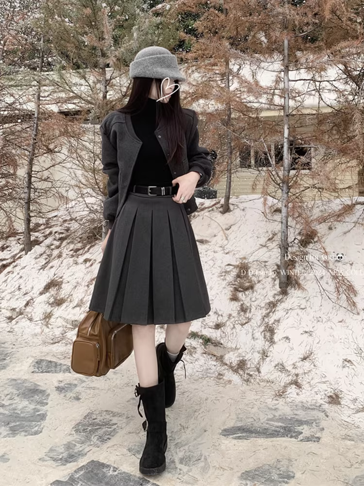 Váy len màu xám cho nữ, váy len xếp ly dài trung bình mùa thu đông, váy len rất đẹp, váy len dài