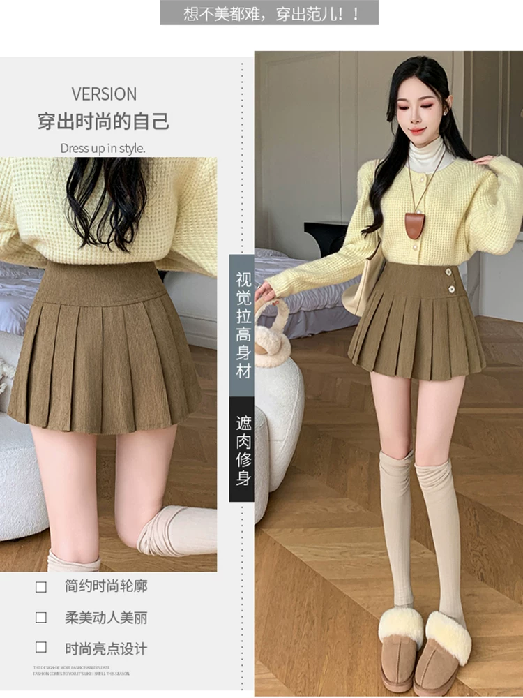 Váy nhung kẻ màu nâu cho nữ, váy nhung kẻ xếp ly mùa thu đông, váy rất đẹp, váy mini cạp cao gợi cảm