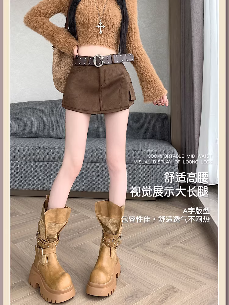 Váy da lộn họa tiết da báo dành cho nữ, quần váy da dáng bất quy tắc mùa thu đông, quần váy giả hai mảnh liền thân, váy ngắn da lộn ôm sát hông.