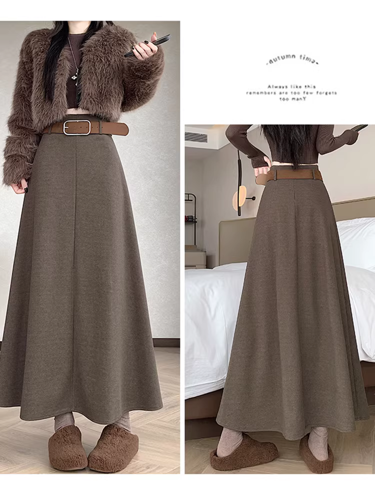 Váy len màu nâu cho nữ, váy dù dài vừa phải mùa đông, váy len dài, váy chữ A lưng cao, váy dài.