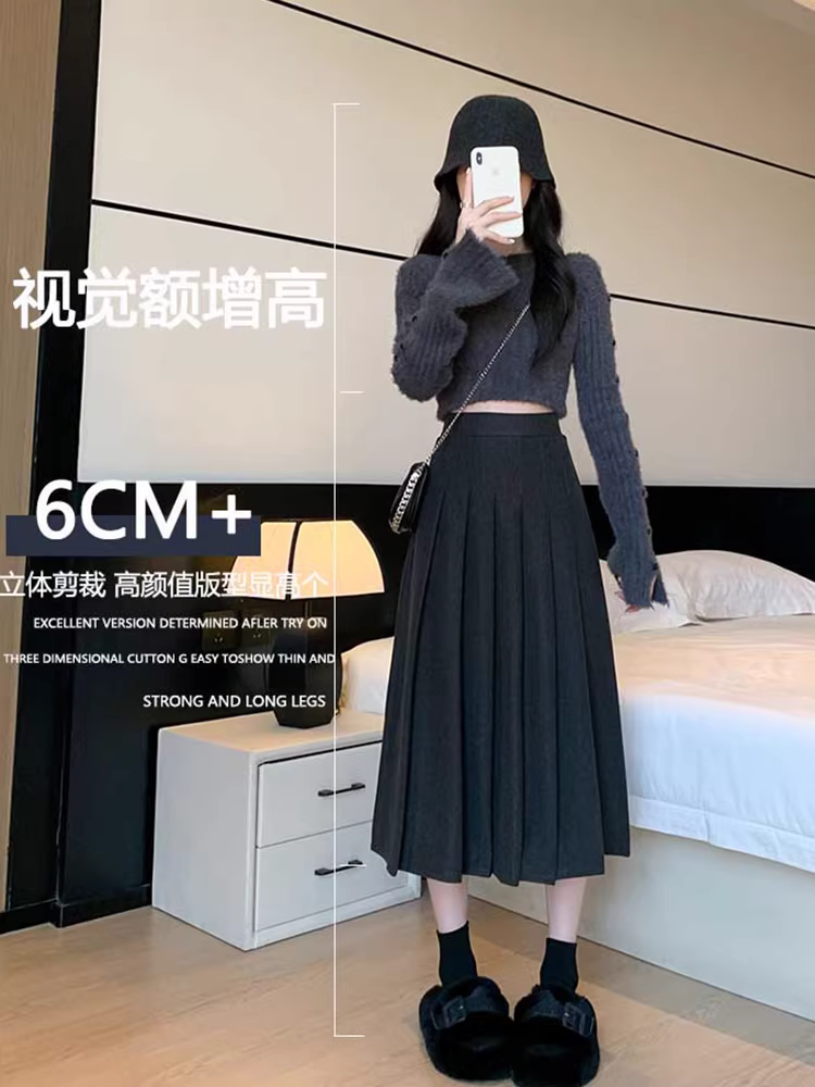 Váy len màu xám cho nữ, váy len xếp ly dài vừa phải mùa đông, váy chữ A, váy dù, phối cùng áo len, váy dài