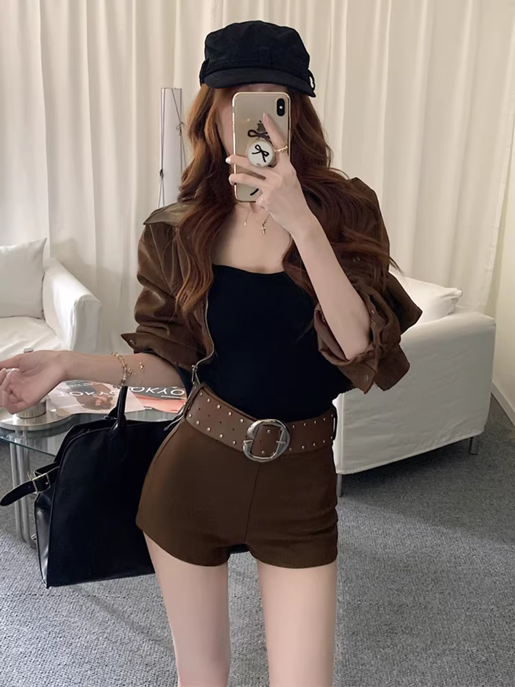 Quần short màu nâu dành cho nữ, thích hợp cho mùa xuân, mùa thu và mùa đông, quần sành điệu và hấp dẫn, quần bó sát, quần ngắn gợi cảm, quần short bốt.