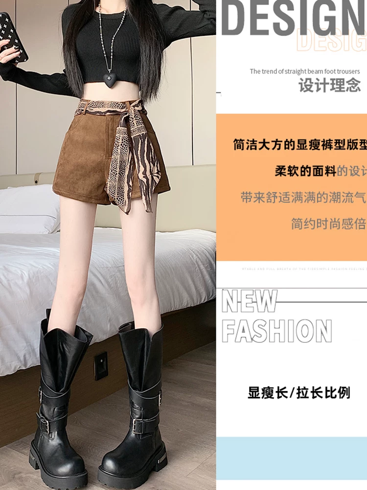 Quần short nhung da nai nữ, quần nữ da lộn thu đông, kiểu mới 2025, quần legging bó sát lưng cao, quần da, quần ống rộng.