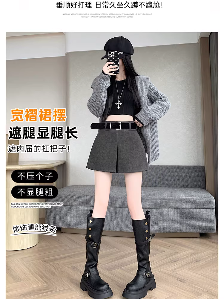 Quần short len màu xám dành cho nữ, quần len ống rộng lưng cao mới mùa thu đông 2025 dành cho nữ, phối với ủng, quần kiểu Martin.