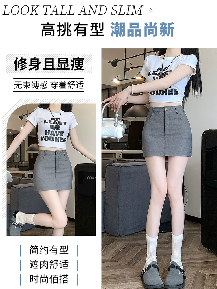 Váy vest màu xám, váy ôm hông nữ mùa xuân, thu và hè, váy xếp tầng, váy công sở, váy ngắn siêu ngắn lưng cao