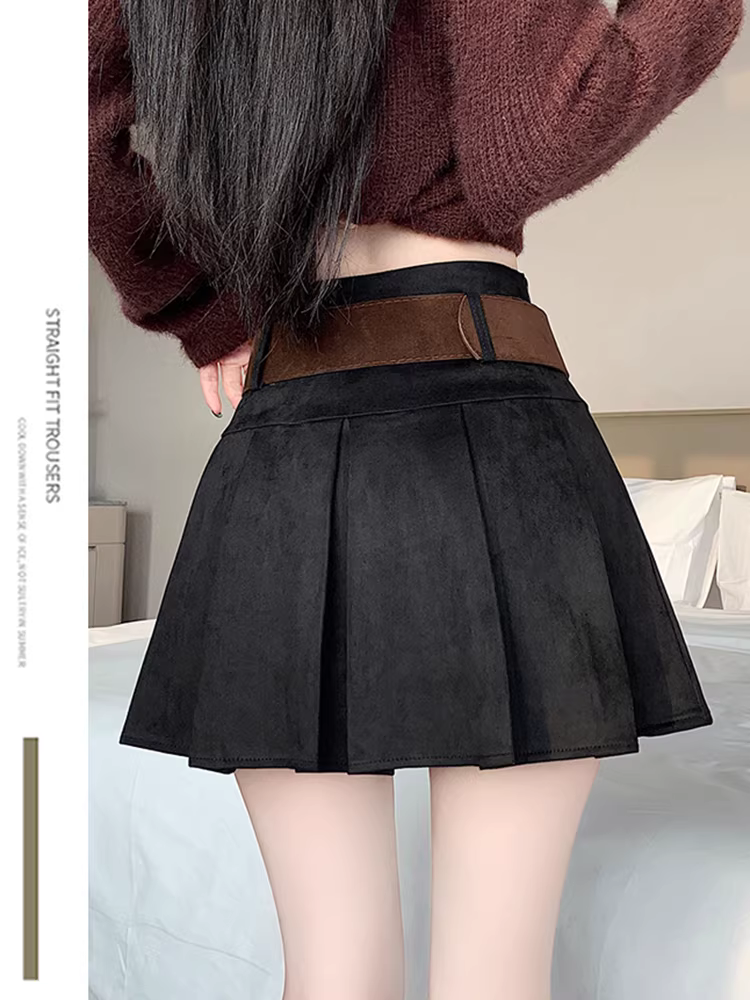 Váy da nâu, váy xếp ly da nai thu đông nữ, váy ngắn da lộn cao cấp rất đẹp