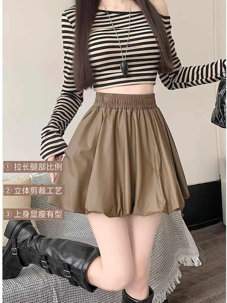 Váy da đen, váy da PU nữ thu đông, váy bồng bềnh, váy mây, váy bánh ngọt, váy ngắn da