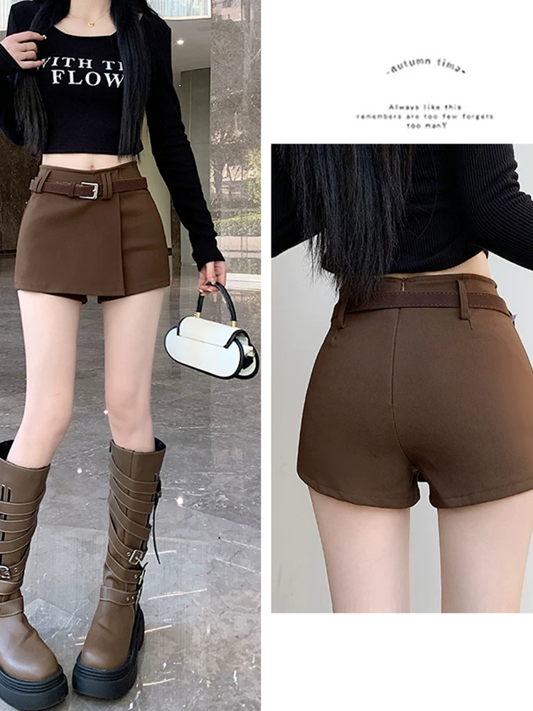 Váy kaki cho nữ, xuân thu, váy-quần không đều, váy-quần giả hai mảnh liền thân, váy ngắn hot girl, váy siêu ngắn.
