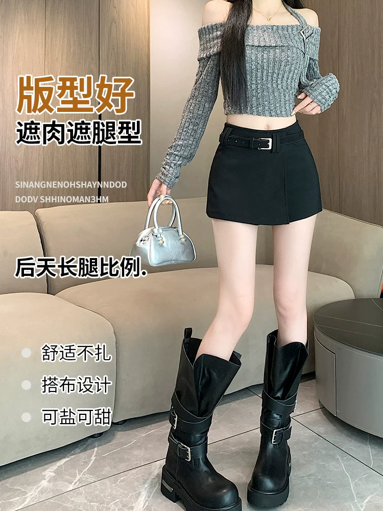 Váy kaki cho nữ, xuân thu, váy-quần không đều, váy-quần giả hai mảnh liền thân, váy ngắn hot girl, váy siêu ngắn.