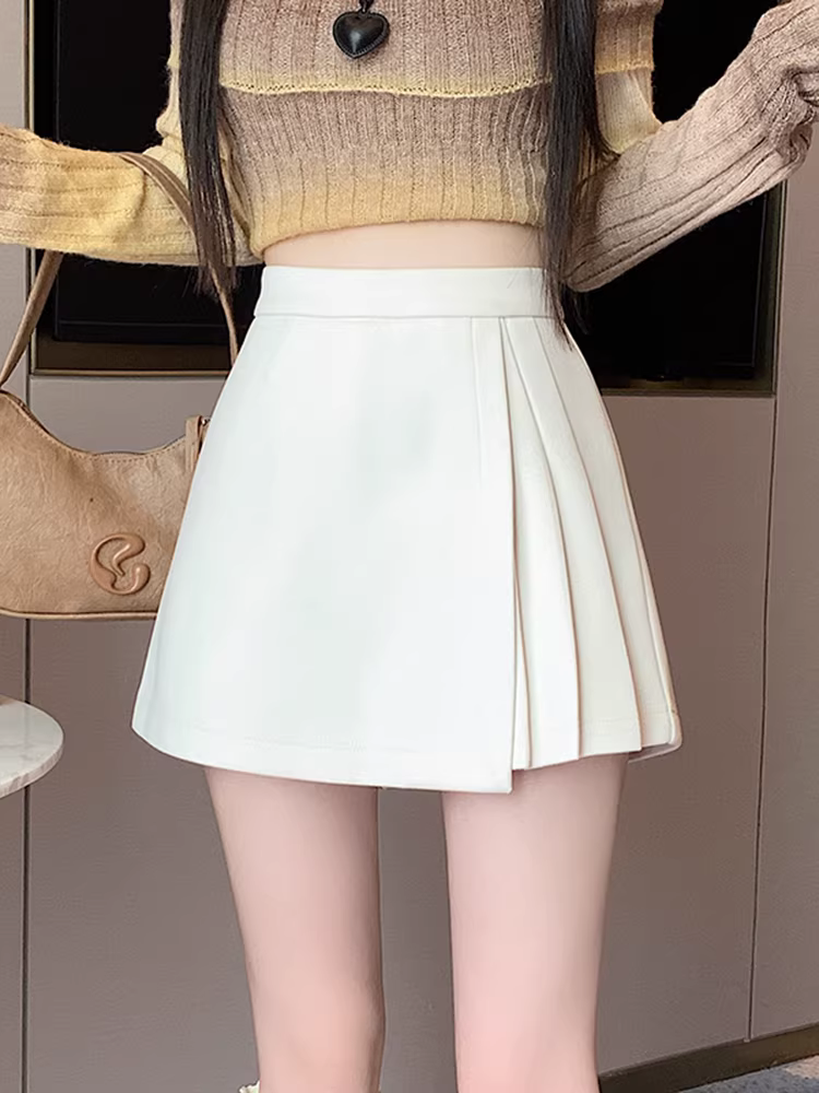 Quần short len trắng cho nữ, áo khoác ngoài mùa thu đông, quần váy dáng bất quy tắc, quần culottes xếp ly, quần boot len ống rộng dáng chữ A lưng cao.