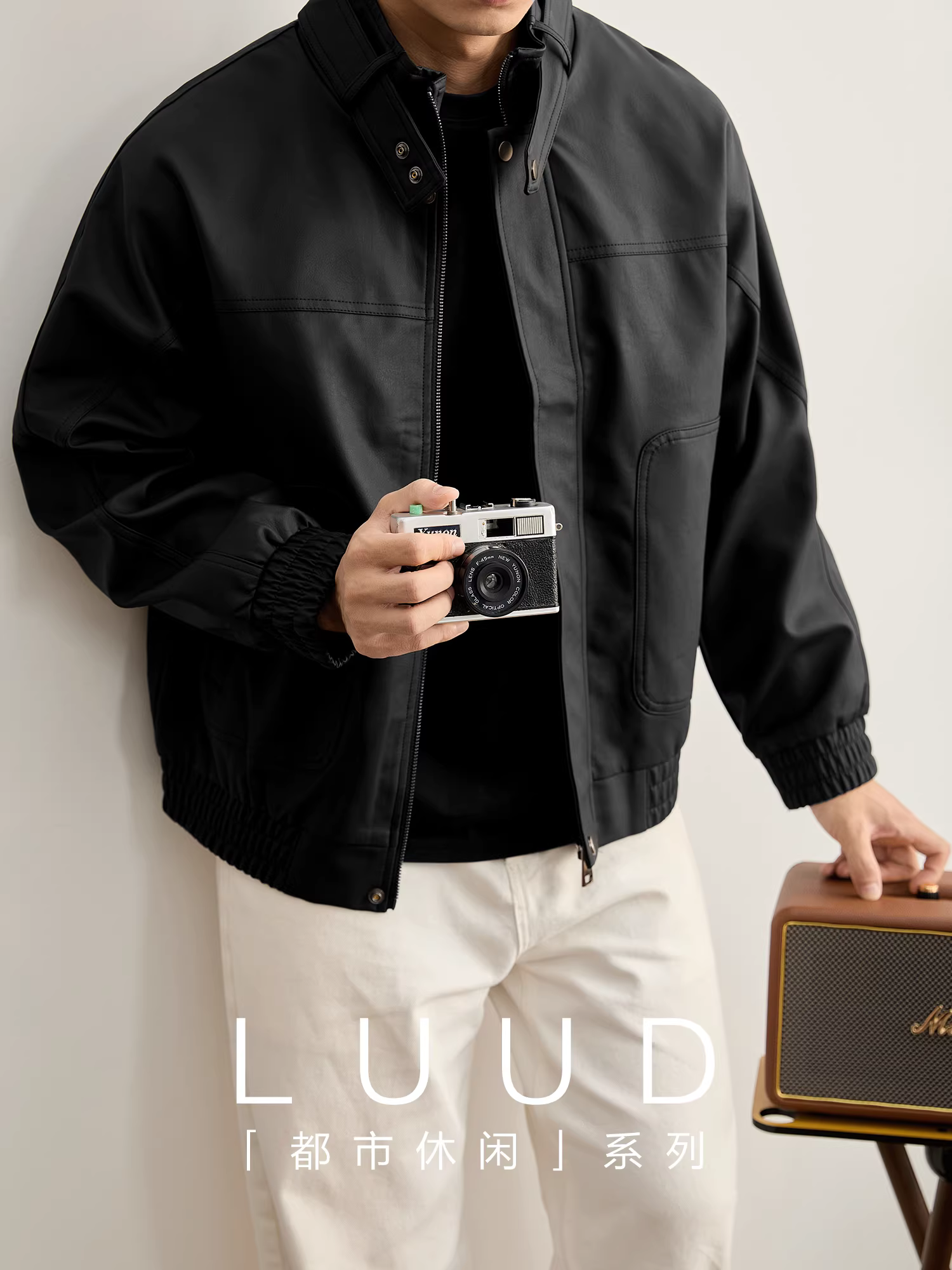 Áo khoác da PU thiết kế phân đoạn kiểu dáng cổ buộc LUUD dành cho nam mùa đông, chất liệu da mờ, màu tối