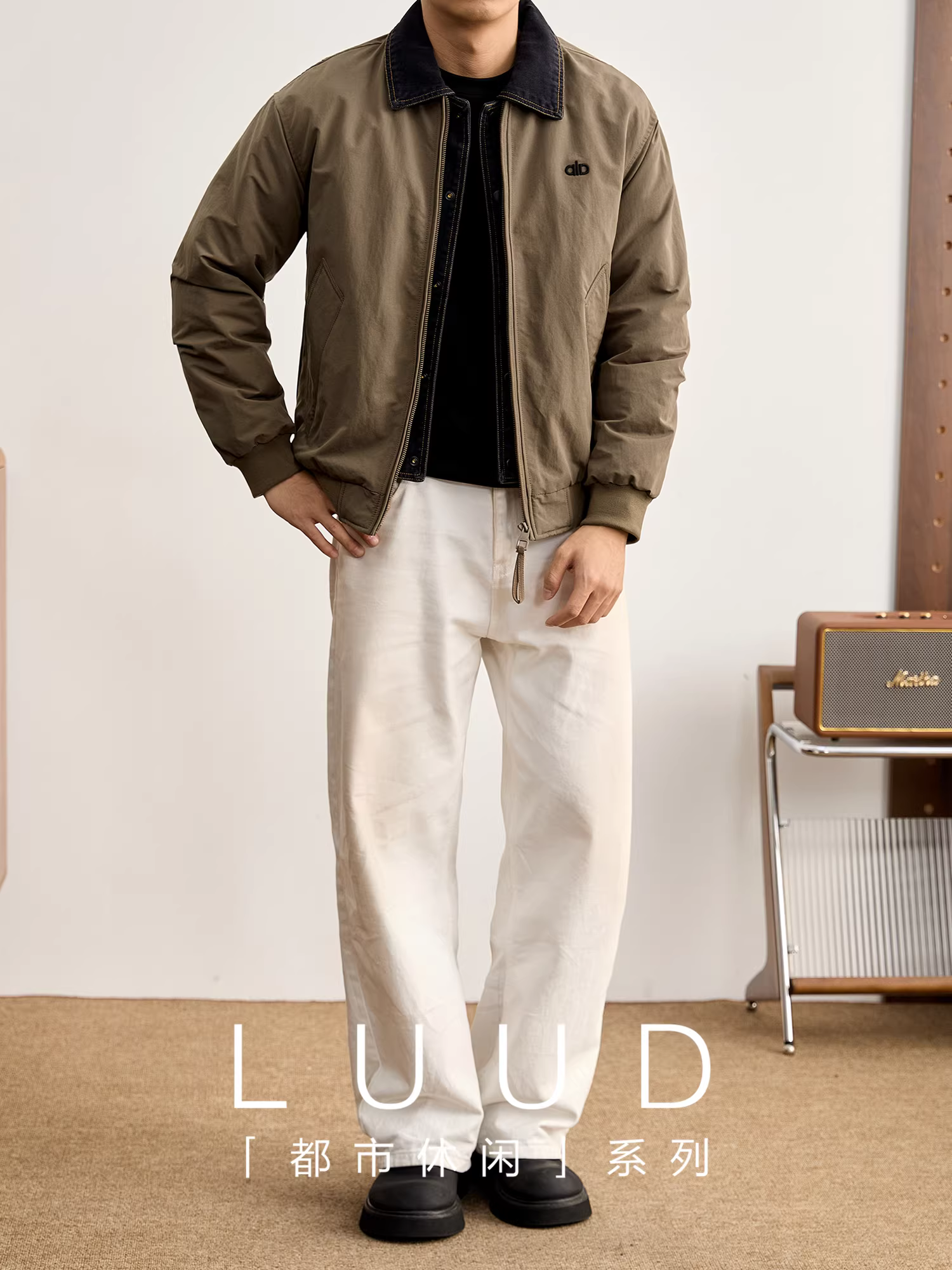 Áo khoác nam thiết kế chắp vá LUUD, chất liệu lông vũ trắng, thêu họa tiết, phối viền denim, kiểu dáng giả hai lớp