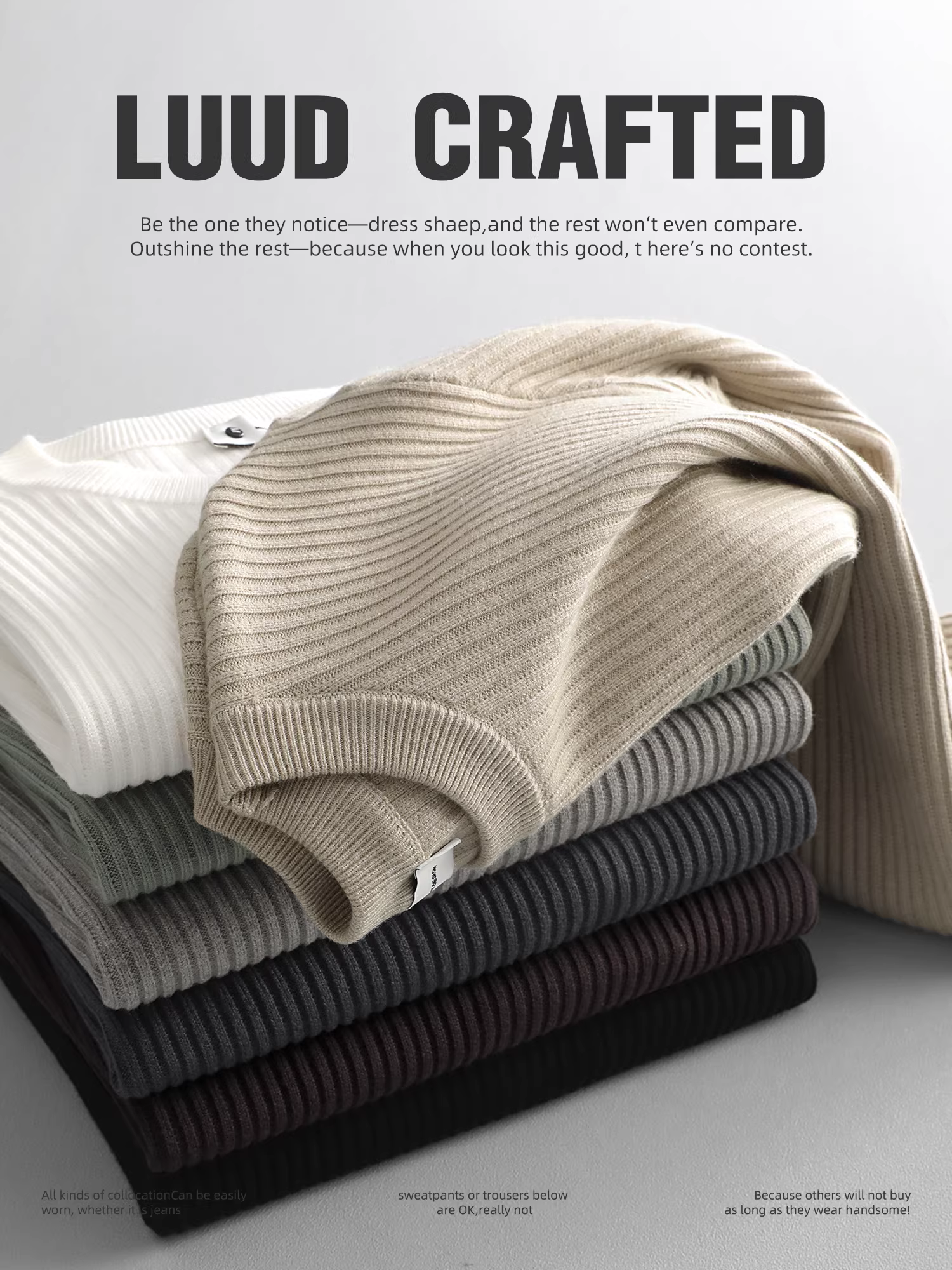 Áo len cổ tròn thời trang đô thị dành cho nam LUUD Áo len dệt kim màu trơn hợp thời trang có sọc dọc áo sơ mi cơ bản