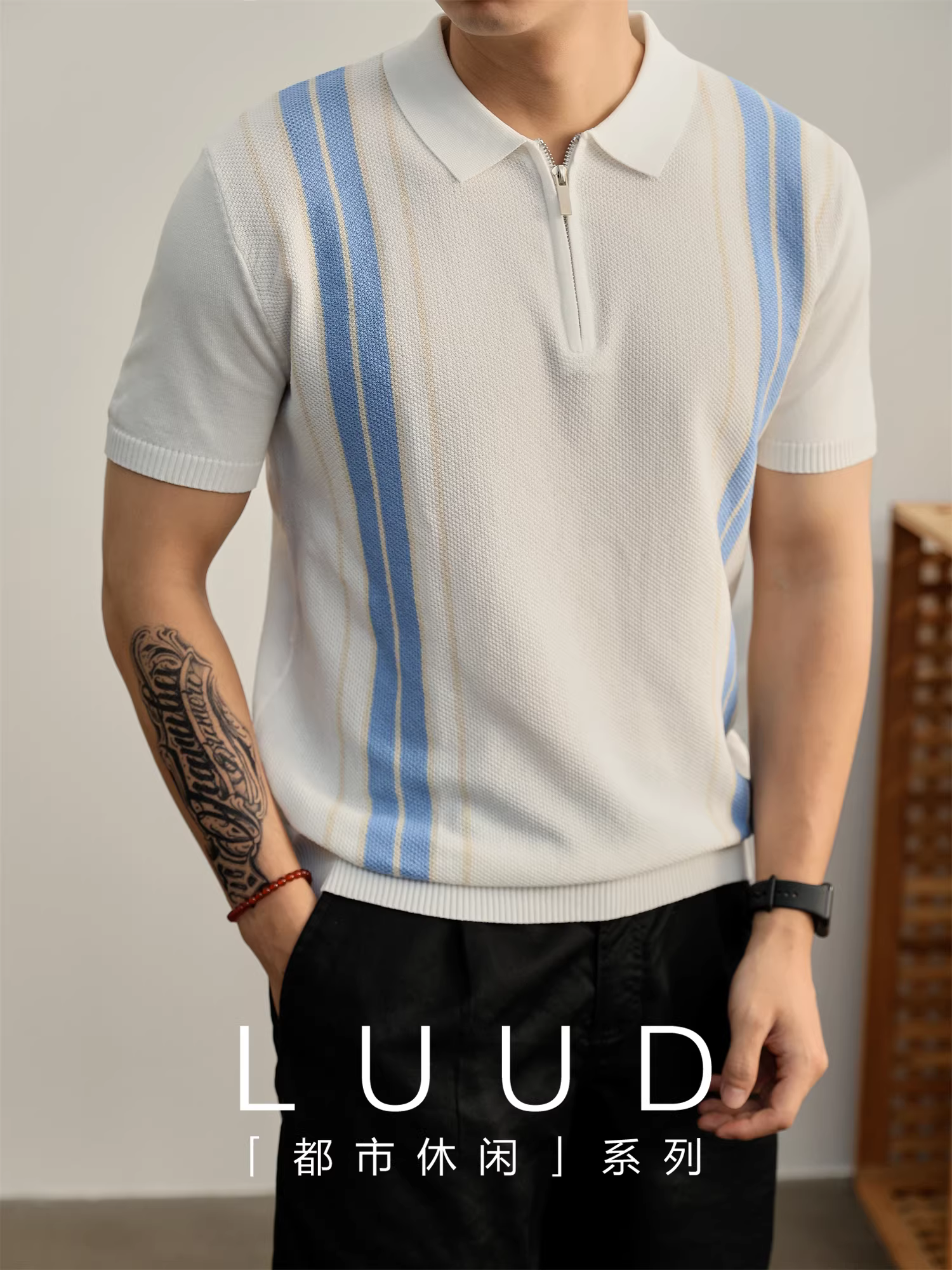 Áo sơ mi POLO nửa khóa kéo LUUD đơn giản và mát lạnh với sọc tương phản, cổ áo dệt jacquard, tay ngắn, dành cho nam mùa hè