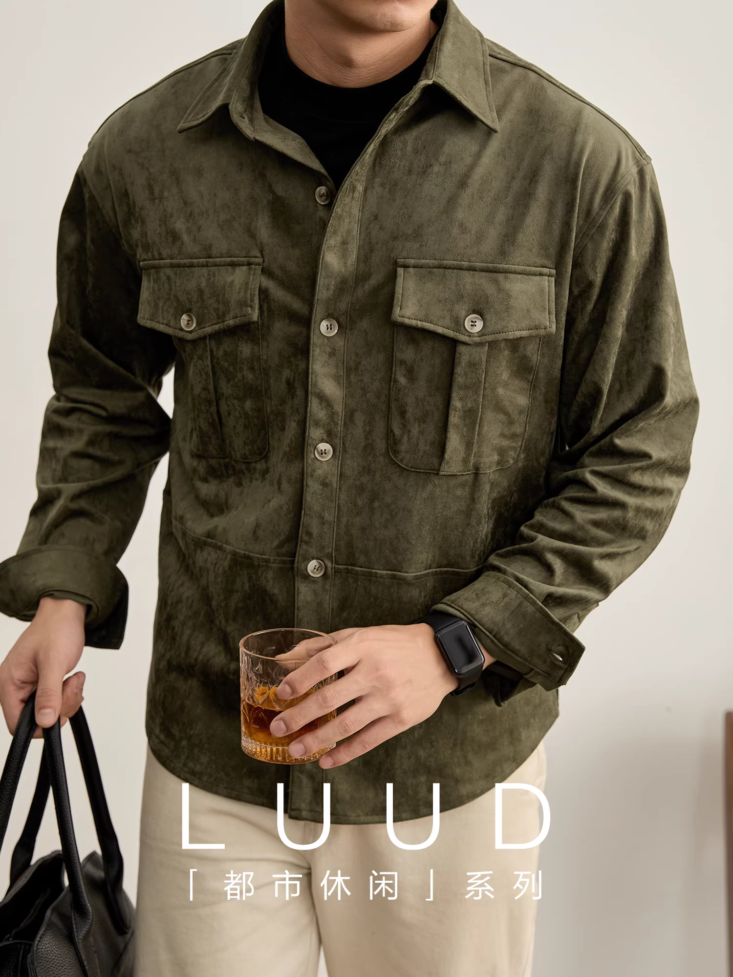 Áo khoác phong cách công sở có túi ba chiều kiểu Nhật Bản LUUD kiểu dáng cổ điển mùa thu đông áo khoác da lộn kiểu áo sơ mi có ve áo