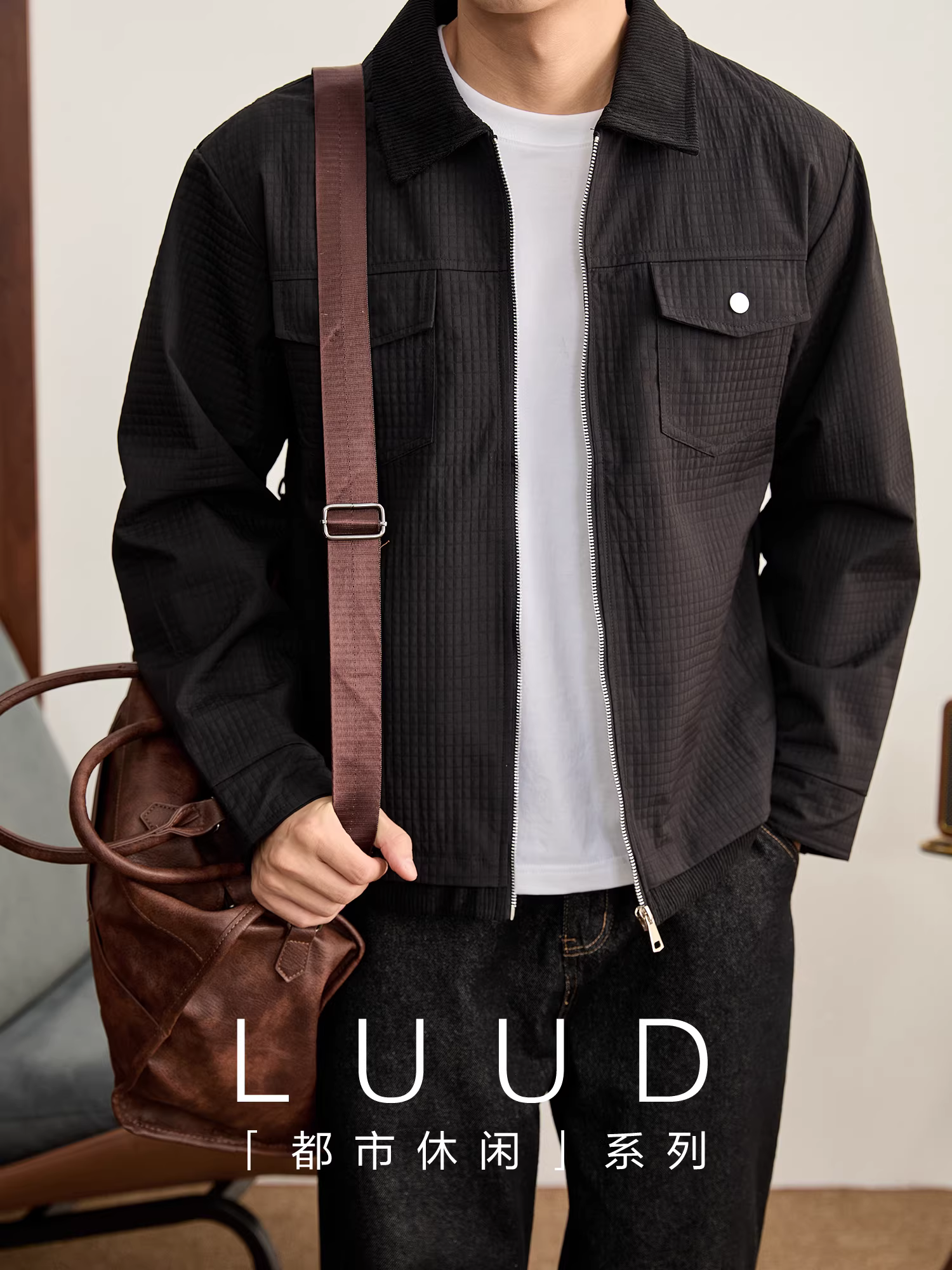 Áo khoác nam mùa đông LUUD chất liệu vải tổ ong, cổ áo vải gân, phối họa tiết, cổ áo dựng đứng, phong cách thường ngày