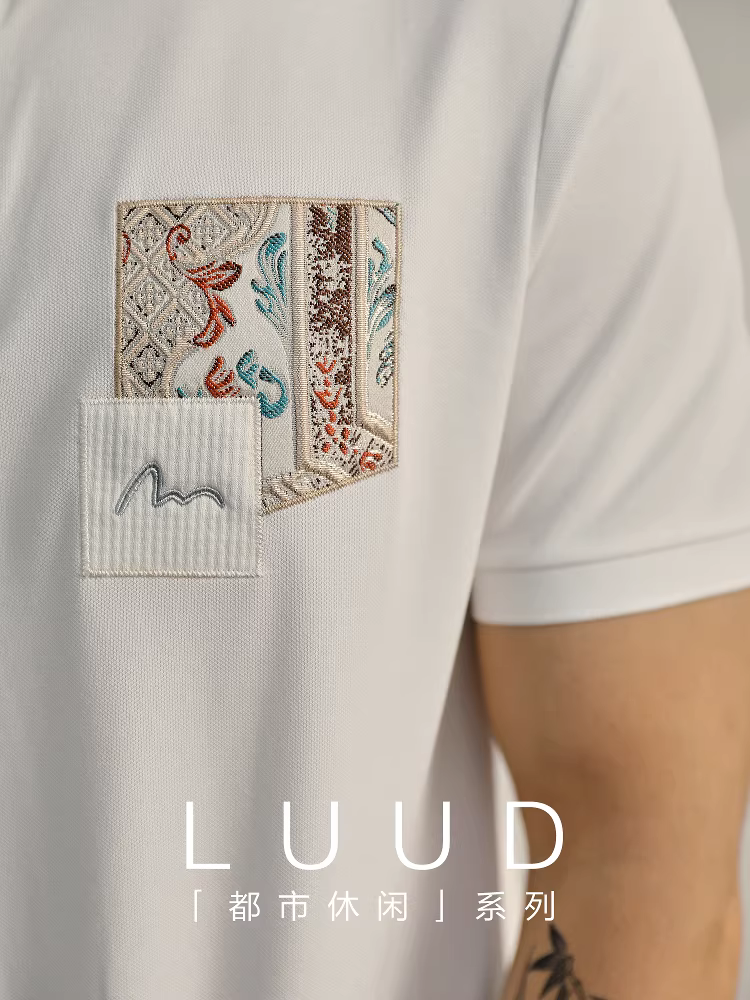 Áo polo họa tiết cây cỏ LUUD dành cho nam, áo thun đơn giản phong cách Trung Hoa mới mùa hè, áo polo cổ trụ đa năng thương hiệu thời thượng