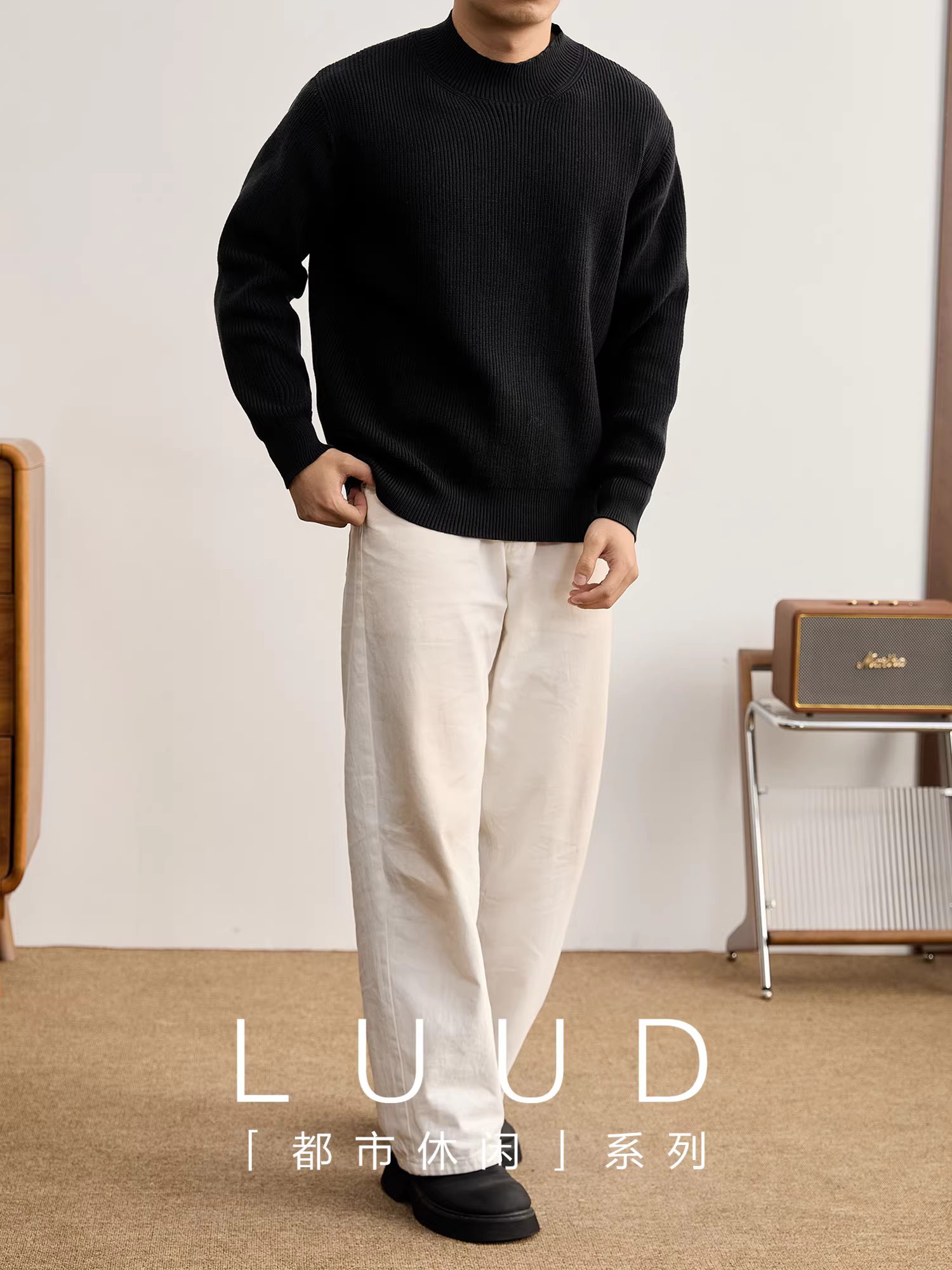 Áo sơ mi cổ cao nửa cổ đơn giản phong cách tối giản LUUD dành cho nam, áo len dệt kim có gân chống xù bằng sợi mịn mùa thu đông