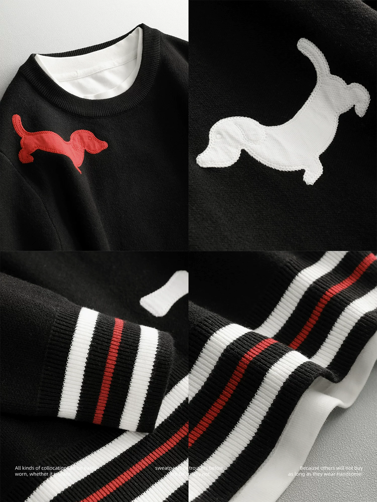 Ưu đãi đặc biệt: Áo len dệt kim thêu hình chó, phối màu bốn sọc thời thượng và năng động, được làm từ sợi modal core-spun, kiểu dáng ôm sát.
