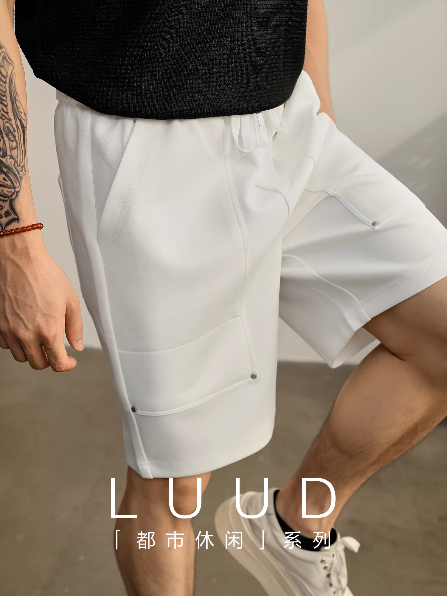 Quần short năm điểm dáng thẳng đơn giản phong cách tối giản LUUD dành cho nam, thích hợp mặc ở nhà và ngoài trời, có thiết kế đinh tán, quần short dài vừa phải có dây rút co giãn.