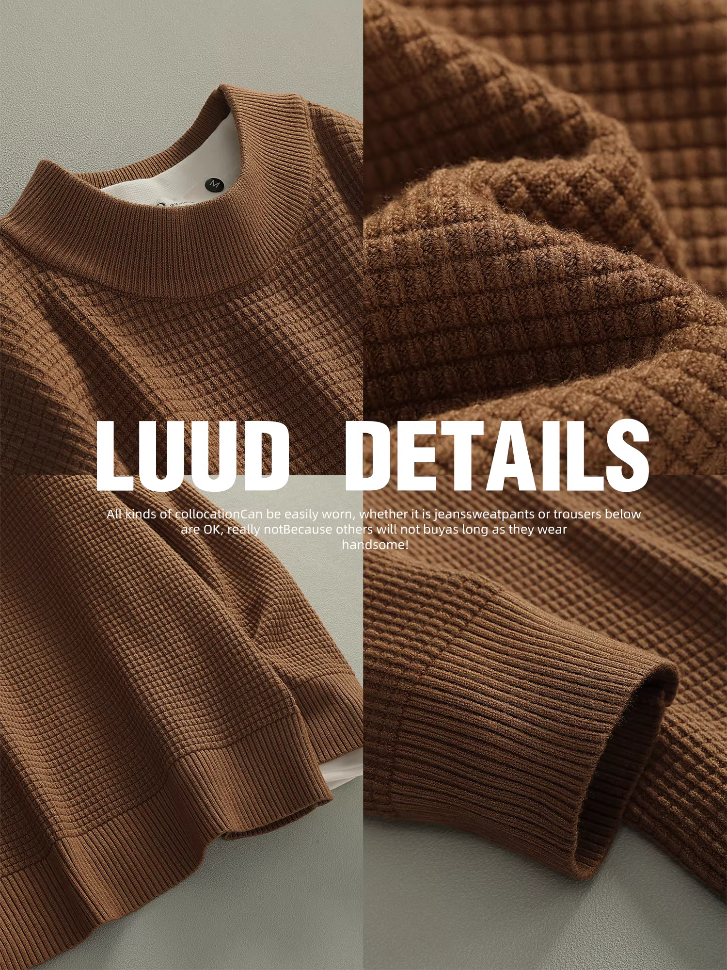 Áo len dệt kim cổ lọ nửa cổ LUUD dành cho nam, áo len chui đầu ấm áp họa tiết bánh quế mùa đông, áo cổ trung bình thông thường