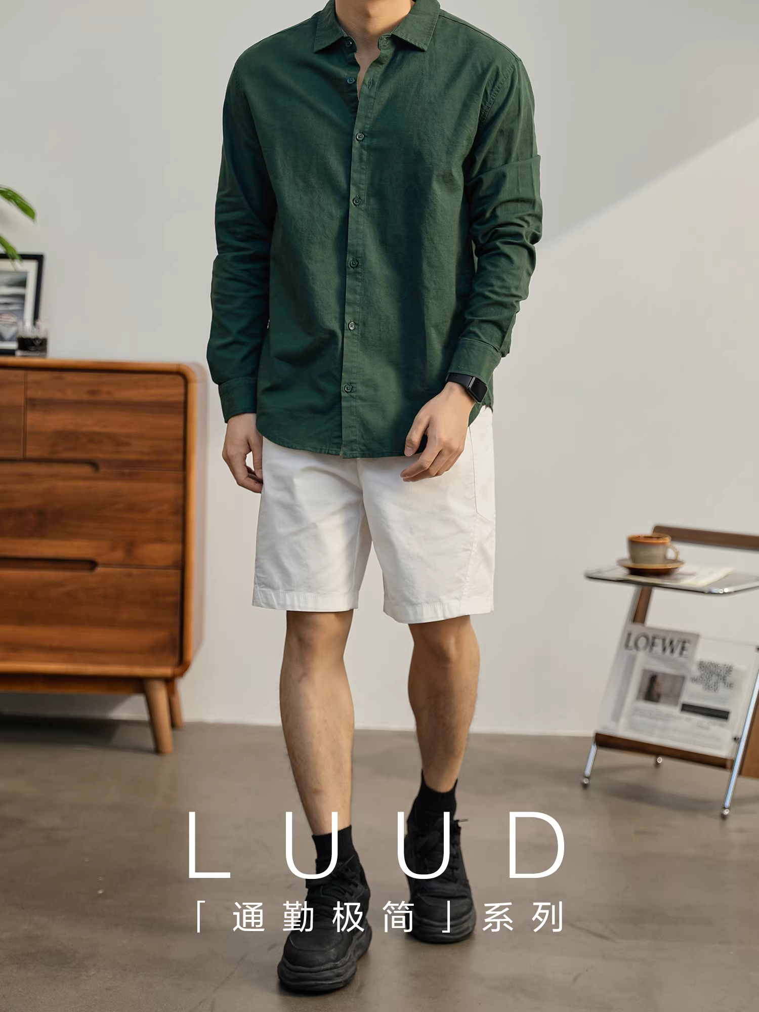 Áo sơ mi cotton và vải lanh đa năng hàng ngày màu xanh lá cây hoang dã sang trọng hợp thời trang LUUD dành cho nam giới, áo sơ mi dài tay phối lớp đa năng thông thường mùa thu